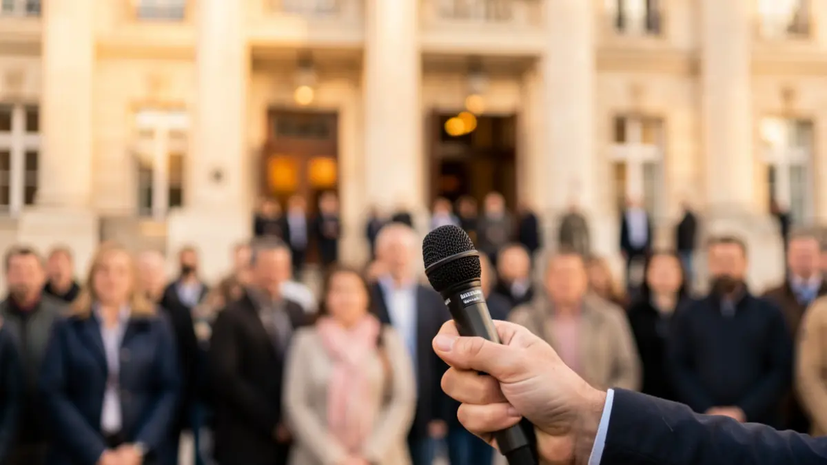 Generic image of a hand holding a microphone in front of an official building facade, documentary style.