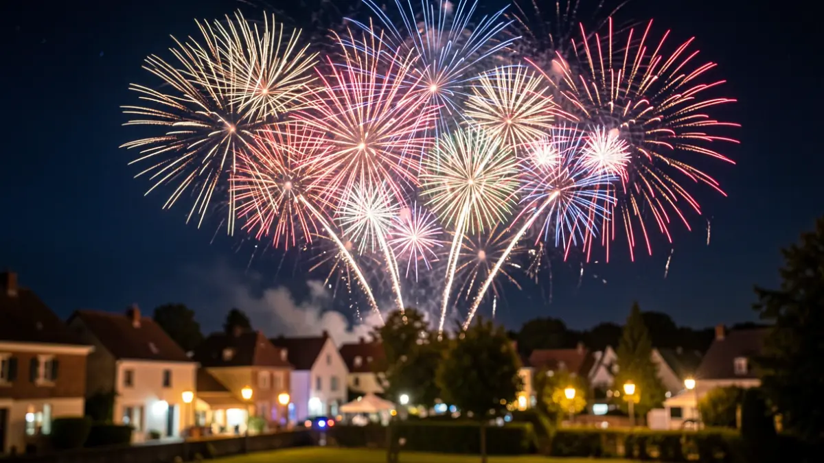 Festive fireworks display illuminating the night sky above a Belgian village, with blurred lights of houses and trees visible below. The scene captures the celebratory atmosphere of the Fêtes d'octobre in Hainaut.
